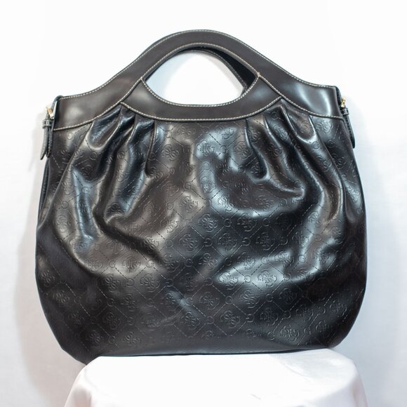 Guess Debossed G-Logo Rhinestone Handbag Faux Leather Satchel Vintage Black - Picture 5 of 9